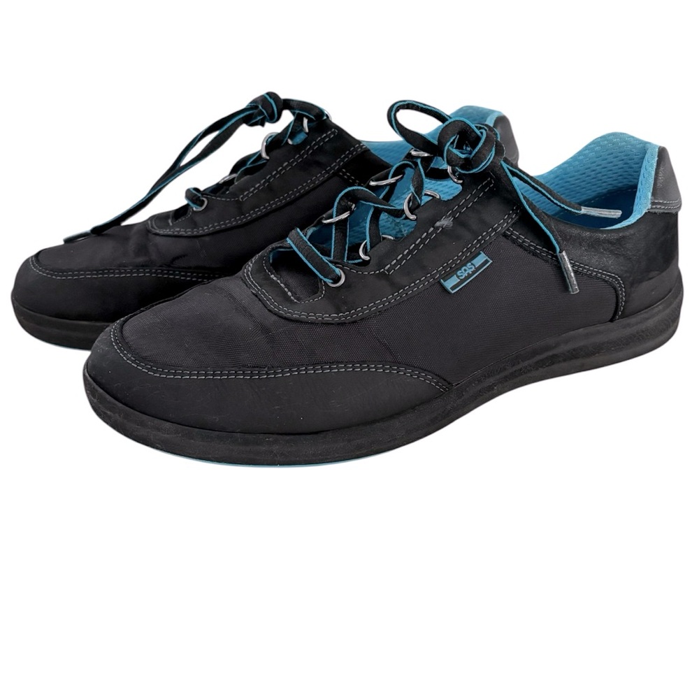 SAS Sporty Leather Comfort Black Blue Shoe Mesh Fabric Walking Size 7.5 PreOwned